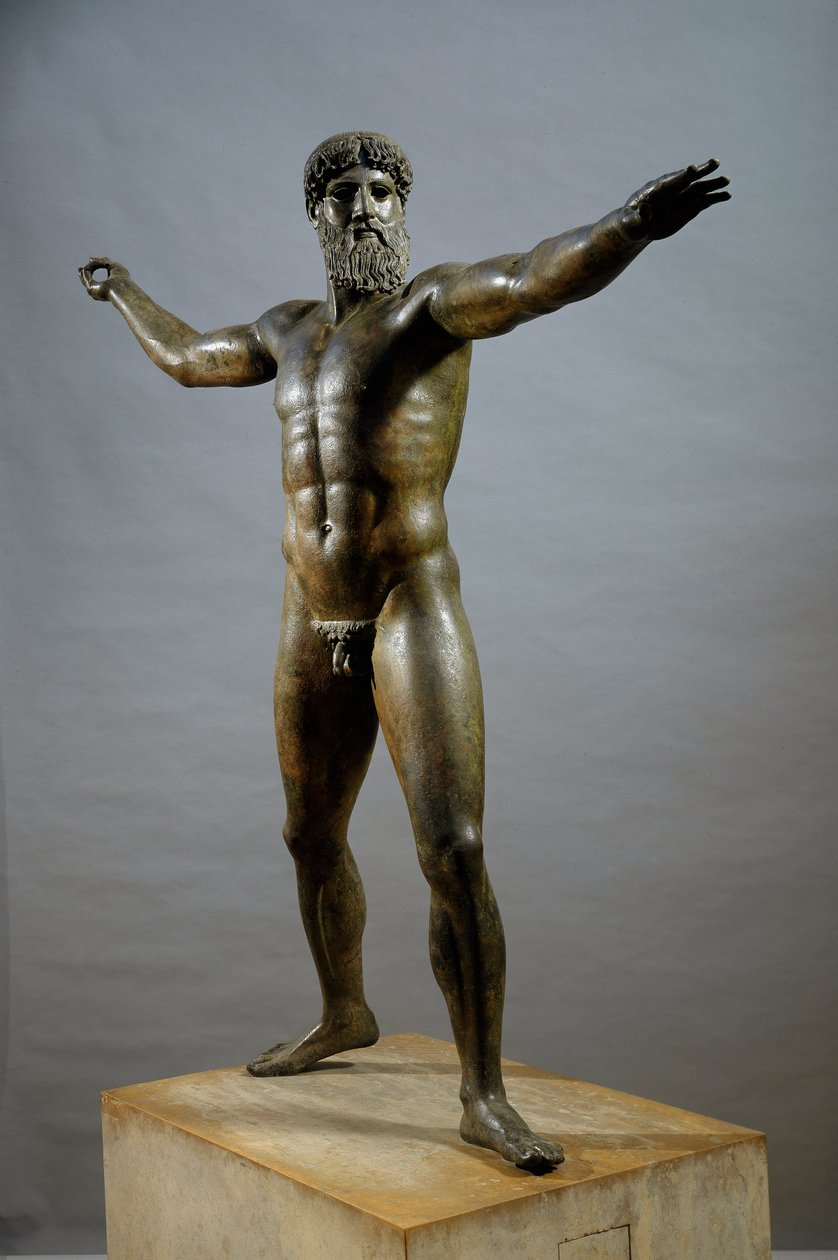 Grekisk konst: "" Poseidon"" (eller Zeus) - Bronsskulptur tillskriven skulptören Kalamis (480-460 f.Kr.) Från Cape Artemision, Dim. 209 cm - Aten, museum för nationell arkeologi - Grekisk konst: Poseidon (eller Zeus) - Bronsskulptur, av Kalamis (480-460 f. av (attr. to) Kalamis