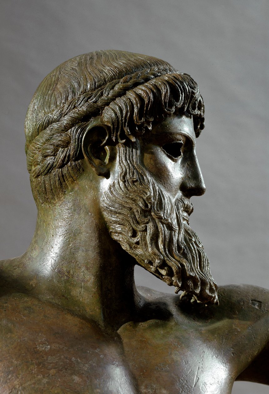 Grekisk konst: "" Poseidon"" (eller Zeus) Detalj. Bronsskulptur tillskriven skulptören Kalamis (480-460 f.Kr.) Från Cape Artemision. Dämpa. 209 cm Aten, museum för nationell arkeologi - Grekisk konst: Head of Poseidon (eller Zeus) - Bronsskulptur, av Kalam av (attr. to) Kalamis