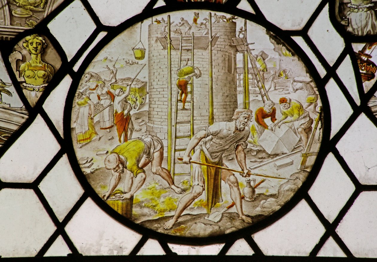 Roundel med byggnaden av Babels torn (målat glas) av (attr.to) Dutch School