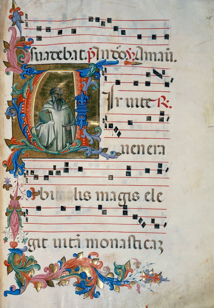 Upplyst initial med figuren San Romualdo (Corale 8, ca 76), för körbok 8 av Santa Maria degli Angeli av (c.1370 1425) Lorenzo Monaco