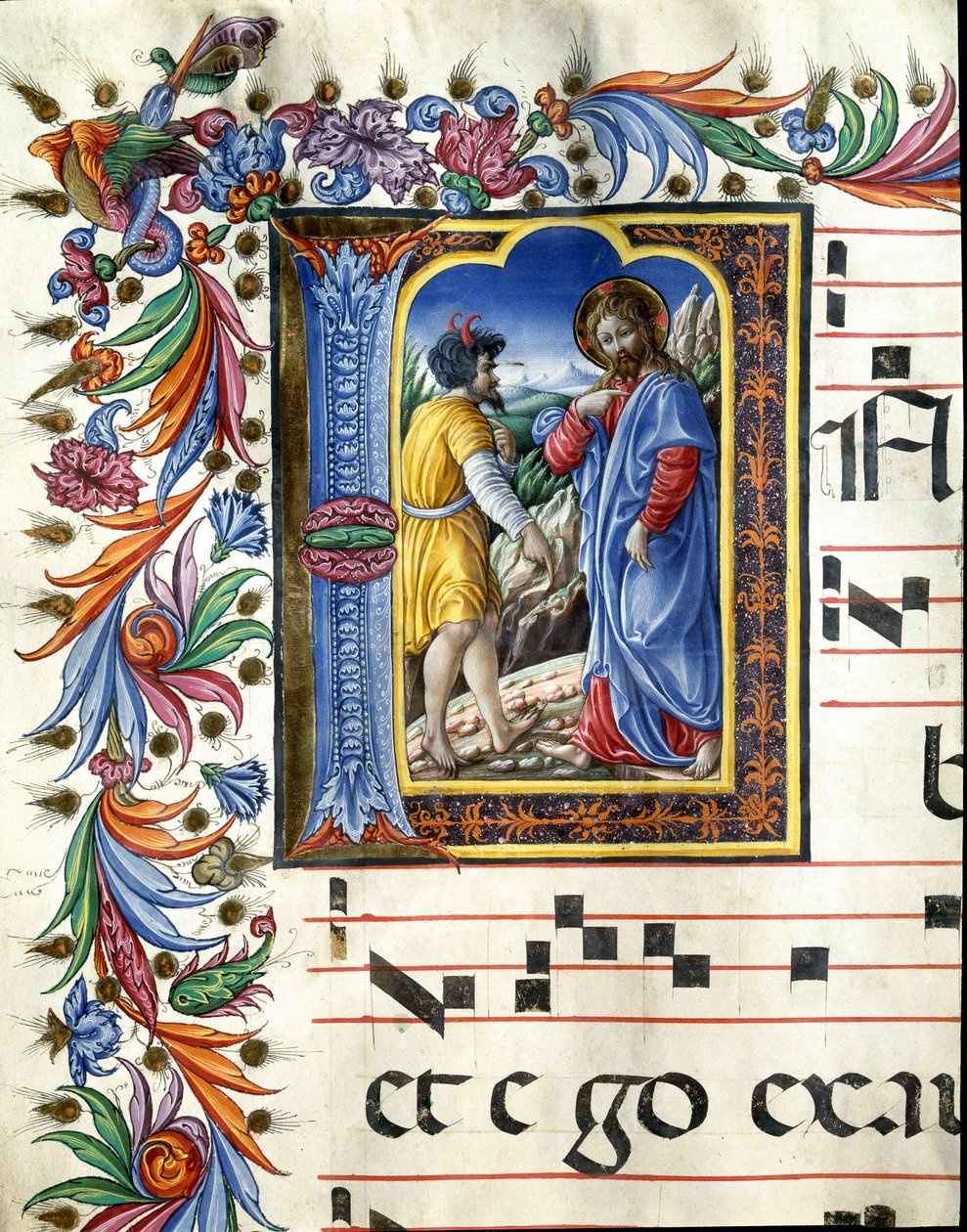 Decoree lettrine som skildrar Kristi frestelse Miniatyr av Liberale da Verona (1445-1529) från en kör (Cod. 20/5. c.45v) från katedralen i Siena. 1400-talets katedral (Duomo) i Siena, Italien av (c.1445 1527) Liberale da Verona