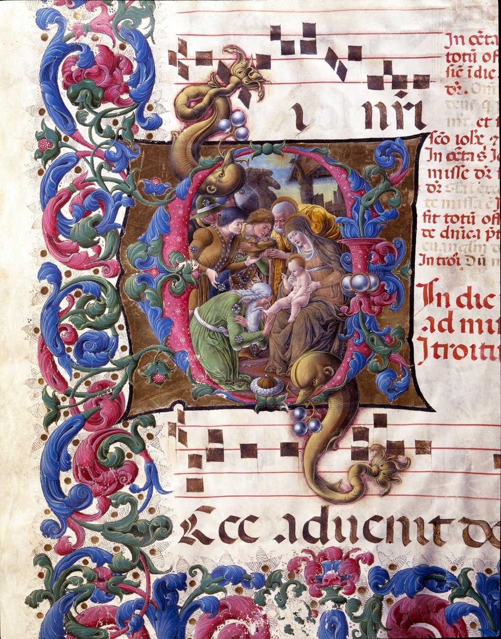 Decoree lettrine som representerar Adoration of the Magi Miniature av Liberale da Verona (1445-1529) från en kör (Cod. 24/9. c.67v) från katedralen i Siena. 1400-talets katedral (Duomo) i Siena, Italien av (c.1445 1527) Liberale da Verona