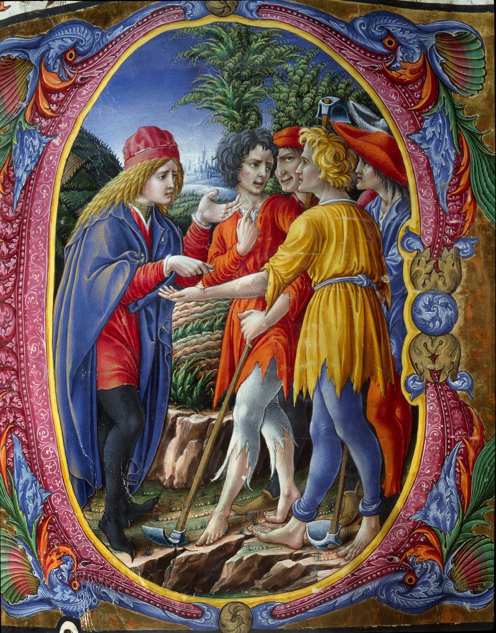 Decoree lettrine som representerar liknelsen om mordiska vinmakare (evangelium enligt Matteus Mt 21, 33-43) (The Parable of the Tenants) Miniatyr av Liberale da Verona (1445-1529) från en kör (Cod. 20/5. c. 2.) från katedralen i Siena. 1400-talet av (c.1445 1527) Liberale da Verona
