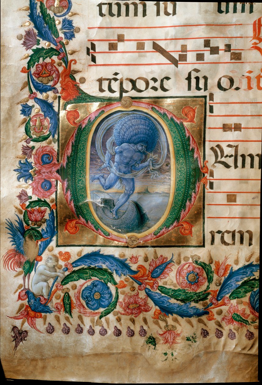 Lettrin med representation av Aeolus, vindarnas väktare. (Miniatyr av (c.1445 1527) Liberale da Verona
