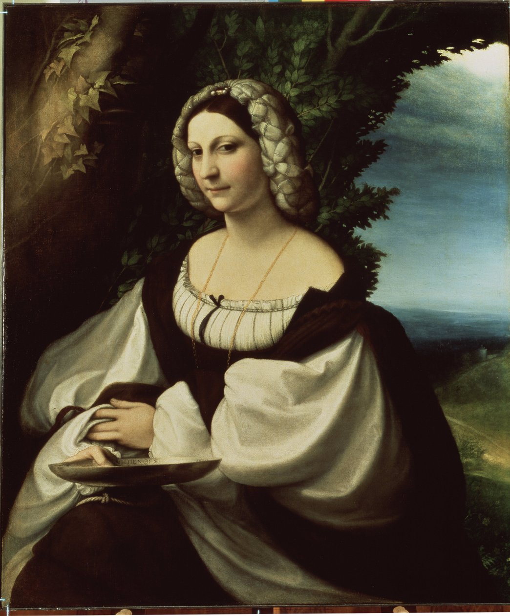 ""Porträtt av en dam" (Porträtt av en dam) Det skulle vara antingen poetinnan Ginevra Rangone eller Veronica Gambara (1485-1550), personligheter i staden Correggio. Målning av Antonio Allegri känd som Il Correggio (The Correge av (c.1489 1534) Correggio