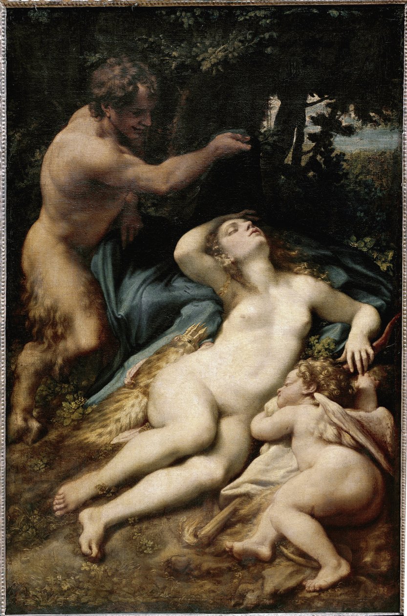 Jupiter och Antiope (eller Venus med amor och en satyr) (olja på duk av (c.1489 1534) Correggio