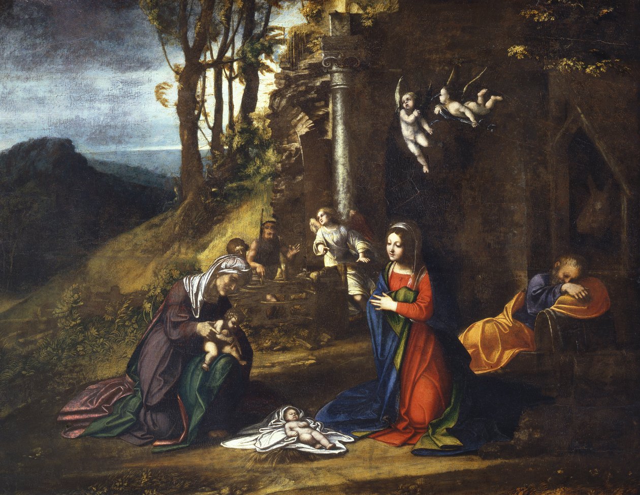 Jesu födelse med den heliga Elisabeth och den unge Johannes döparen av (c.1489 1534) Correggio
