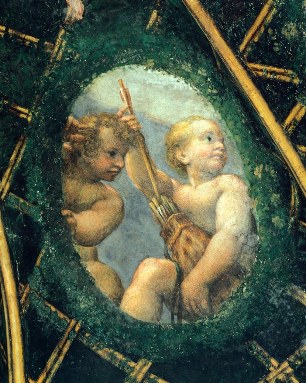 Äggformad med keruber, fresk av Antonio Allegri Da Correggio (1489-1534) Abbedissans rum, San Paolo Monastery, Parma, Italien av (c.1489 1534) Correggio