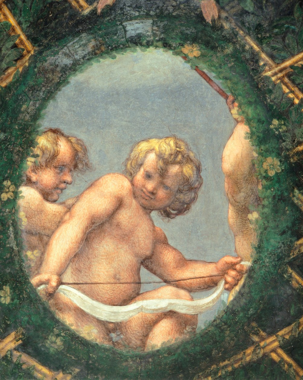 Äggformad med keruber, fresk av Antonio Allegri Da Correggio (1489-1534) Abbedissans rum, San Paolo Monastery, Parma, Italien av (c.1489 1534) Correggio