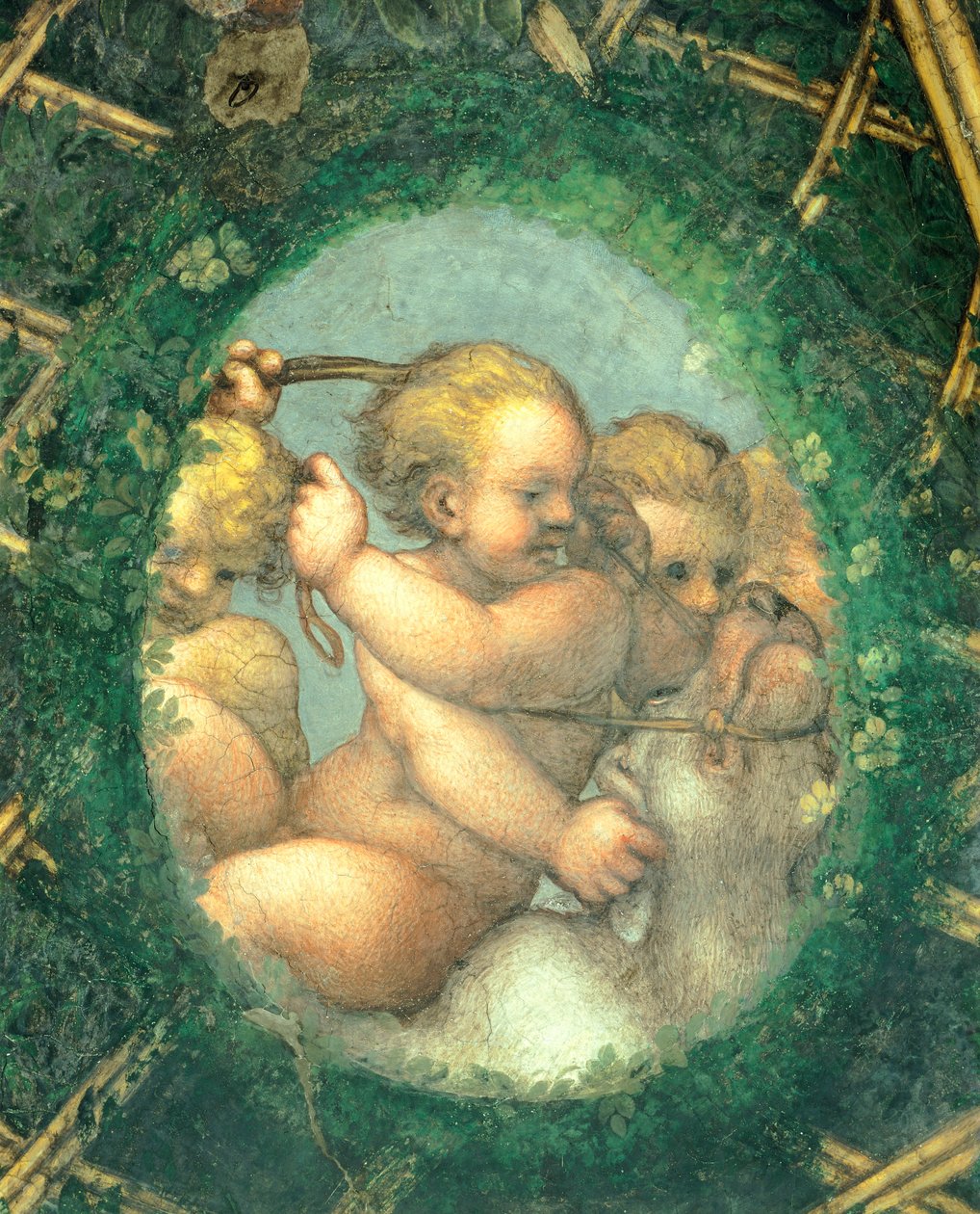 Äggformad med keruber, fresk av Antonio Allegri Da Correggio (1489-1534) Abbedissans rum, San Paolo Monastery, Parma, Italien av (c.1489 1534) Correggio