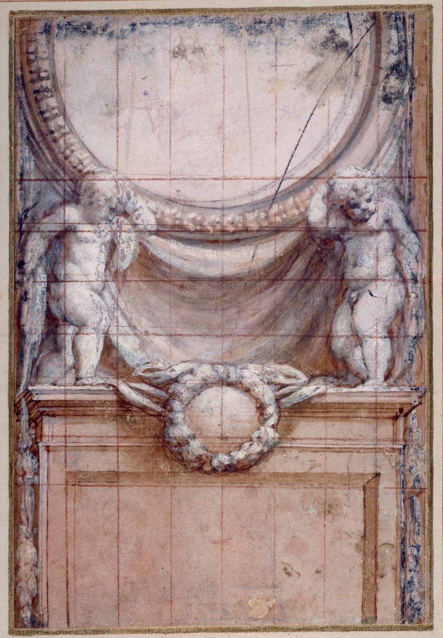 Två putti som stöder en tom medaljong (röd krita förhöjd med vitt på papper) av (c.1489 1534) Correggio