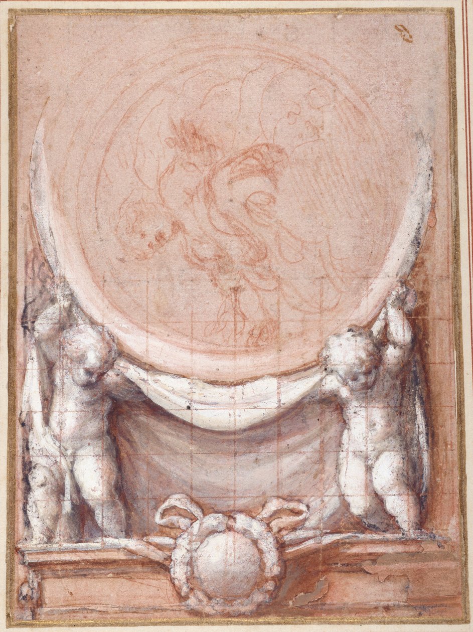 Två putti som stöder en medaljong på vilken den molnburna Kristus är representerad (röd krita på vitt papper) av (c.1489 1534) Correggio