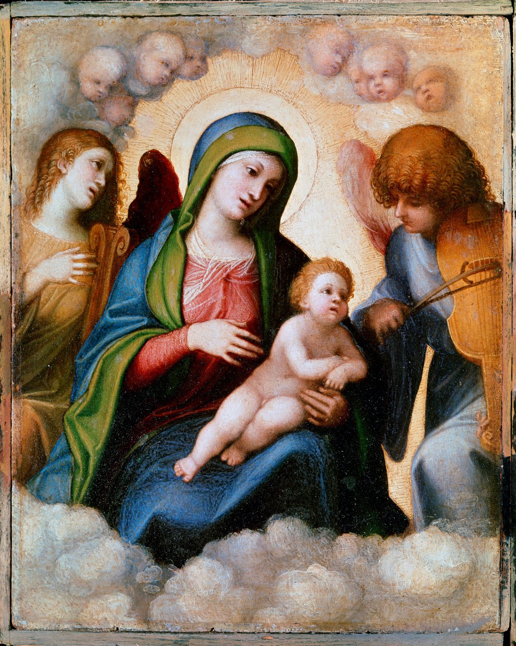 Jungfru och barn omgiven av två änglar och kerubiner Målning av Allegri Antonio dit Il Correggio (The Correge av (c.1489 1534) Correggio