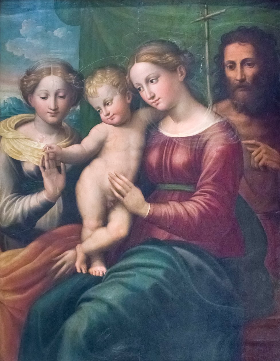 St Catherines mystiska äktenskap (olja på träpanel) av Innocenzo da Imola