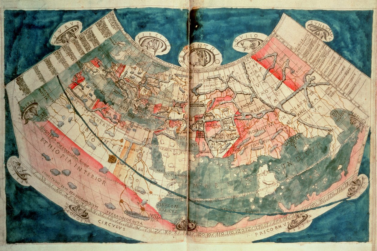 Karta över världen baserad på en beskrivning av Ptolemaeus (akvarell) av (c.90 168)(after) Ptolemy
