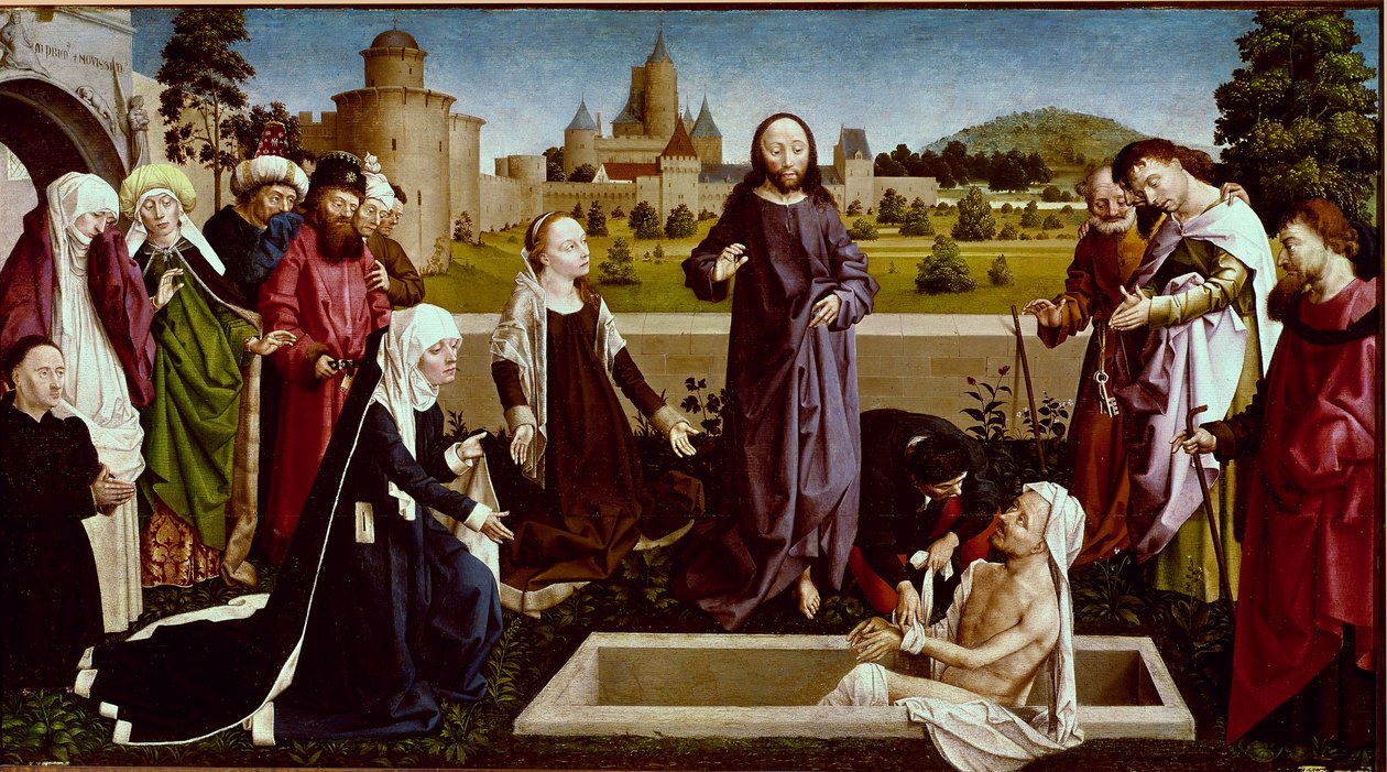 The Resurrection of Lazarus Målning på trä av Coetivy-mästaren (Nicolas eller Colas d