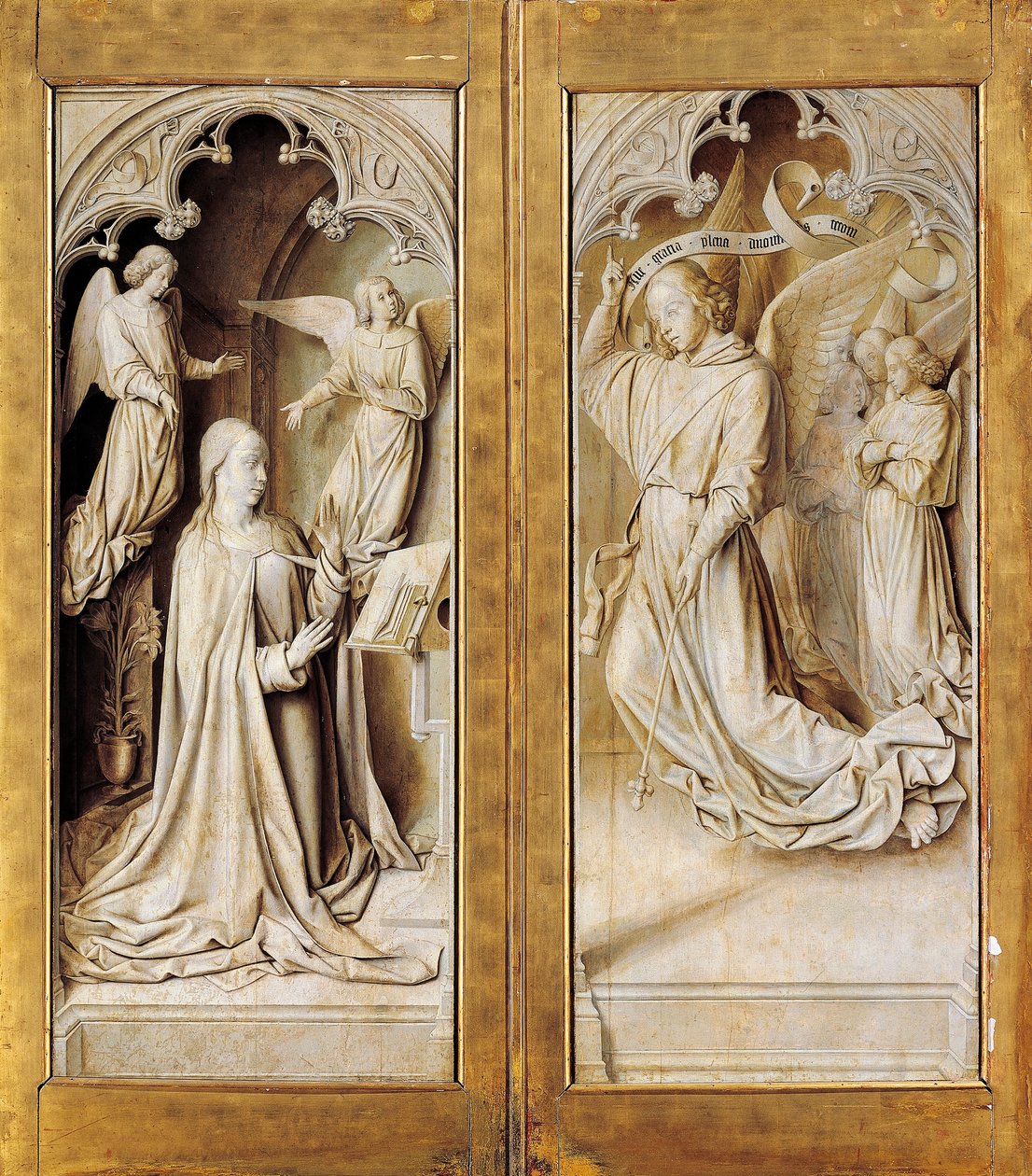 Bebådelse i grisaille (monokromatisk grå), yttre vingar av triptyk altartavla (ca 1489-1502) av Mästaren av Moulins, i katedralen Notre-Dame, Moulins, Frankrike. av (fl.c.1483 c.1529) Master of Moulins