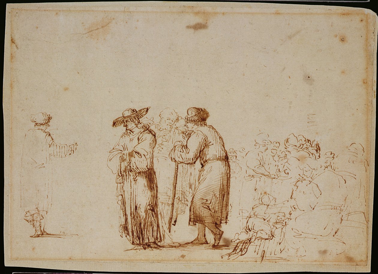 Dutch Figures (penna, sepia, bläck  lavering på papper) av (follower of) Rembrandt Harmensz. van Rijn