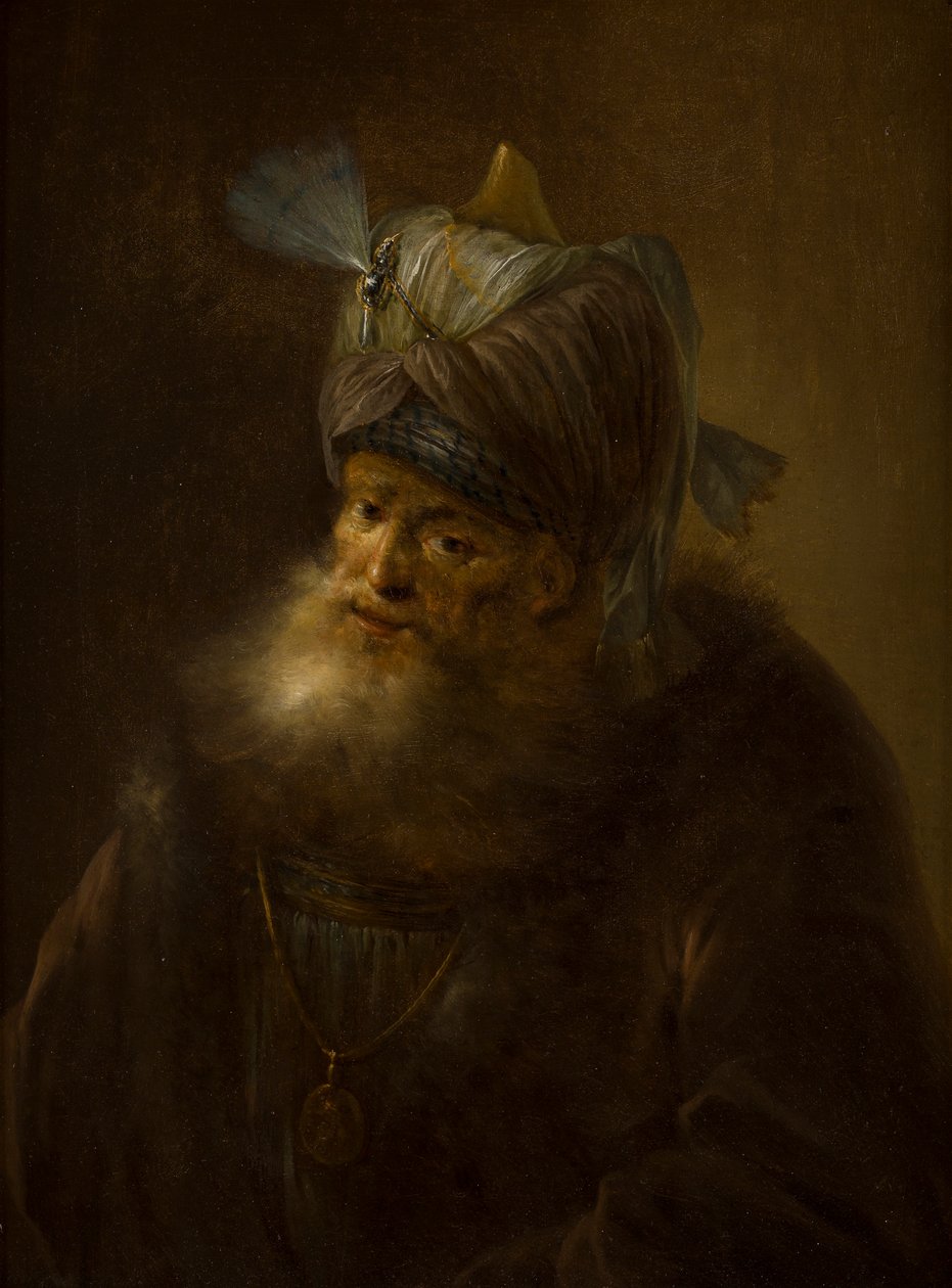 Porträtt av en man i en turban (olja på duk) av (follower of) Rembrandt Harmensz. van Rijn