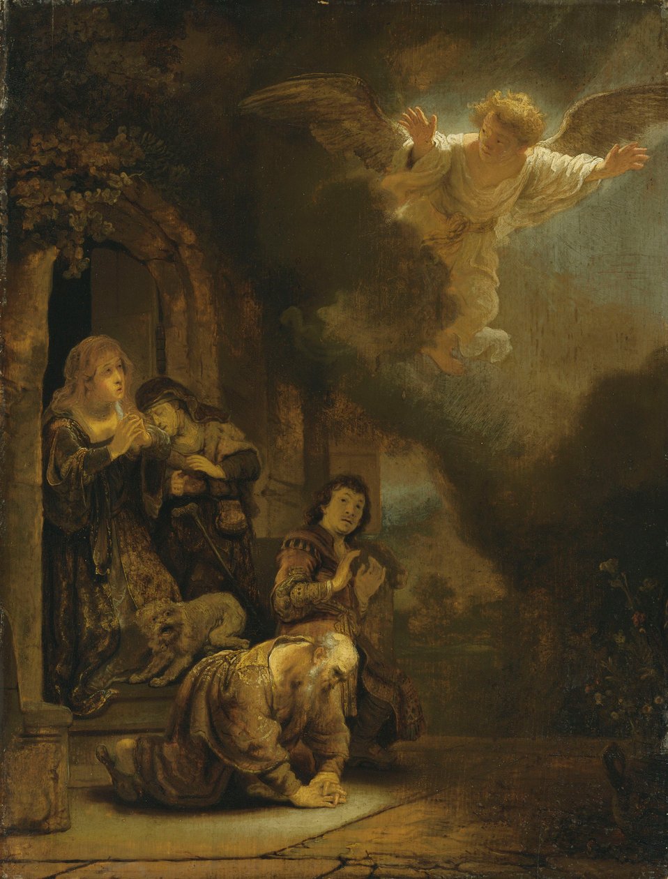 Ärkeängeln Rafael tar avsked med Tobit och hans familj (olja på panel) av studio of Rembrandt Harmensz. van Rijn