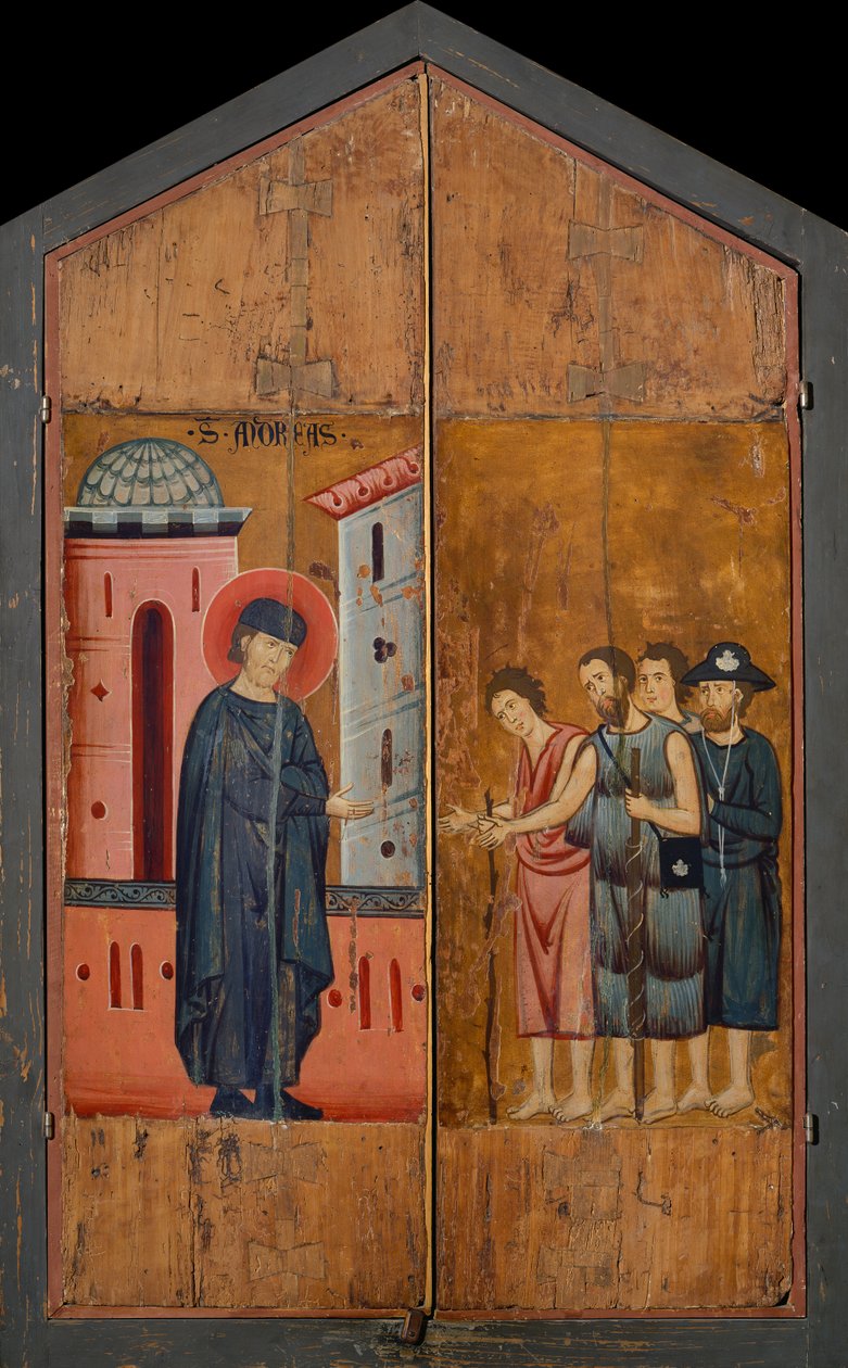 Diptyk av salige Andrea Gallerani: Den välsignade värden Gallerani som tar emot pelgrimer och tiggare, yttre paneler, ca 1270 (målning på trä) av (workshop of) Guido da Siena