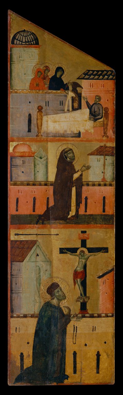 Diptyk av välsignade Andrea Gallerani: De heliga kvinnorna visar sig för St. Reginald, Dominic ber för helande av St. Reginald och Gallerani ber före korset, inuti vänster panel, ca 1270 (målning på trä) av (workshop of) Guido da Siena