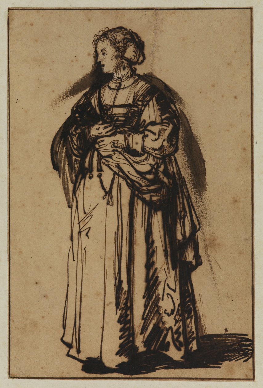 Konstnärens hustru Saskia, stående och med blommor i händerna av (workshop of) Rembrandt Harmensz. van Rijn