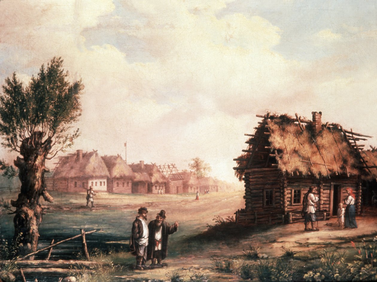 En fattig by i Ryssland, 1850-talet, målning. av Unknown