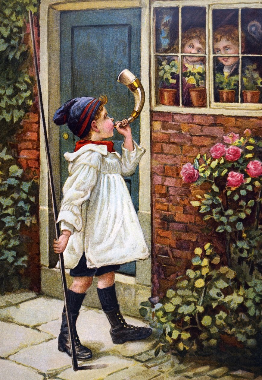 En ung dreng, der blæser i horn uden for sin hjemmesved av Unknown