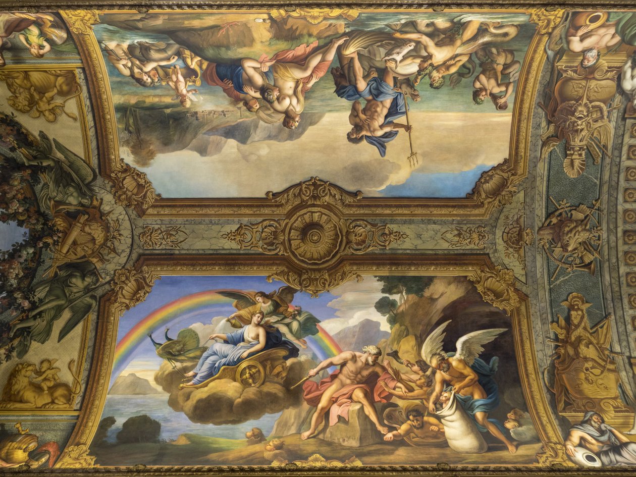 Luftallegori som representerar Aeolus och Juno. Målning av valvet i Galerie doree, av Francois Perrier (1594-1649), 1645. Banque de France. Hotel de Toulouse, före detta hotel de la Villiere, Paris - H av Unknown