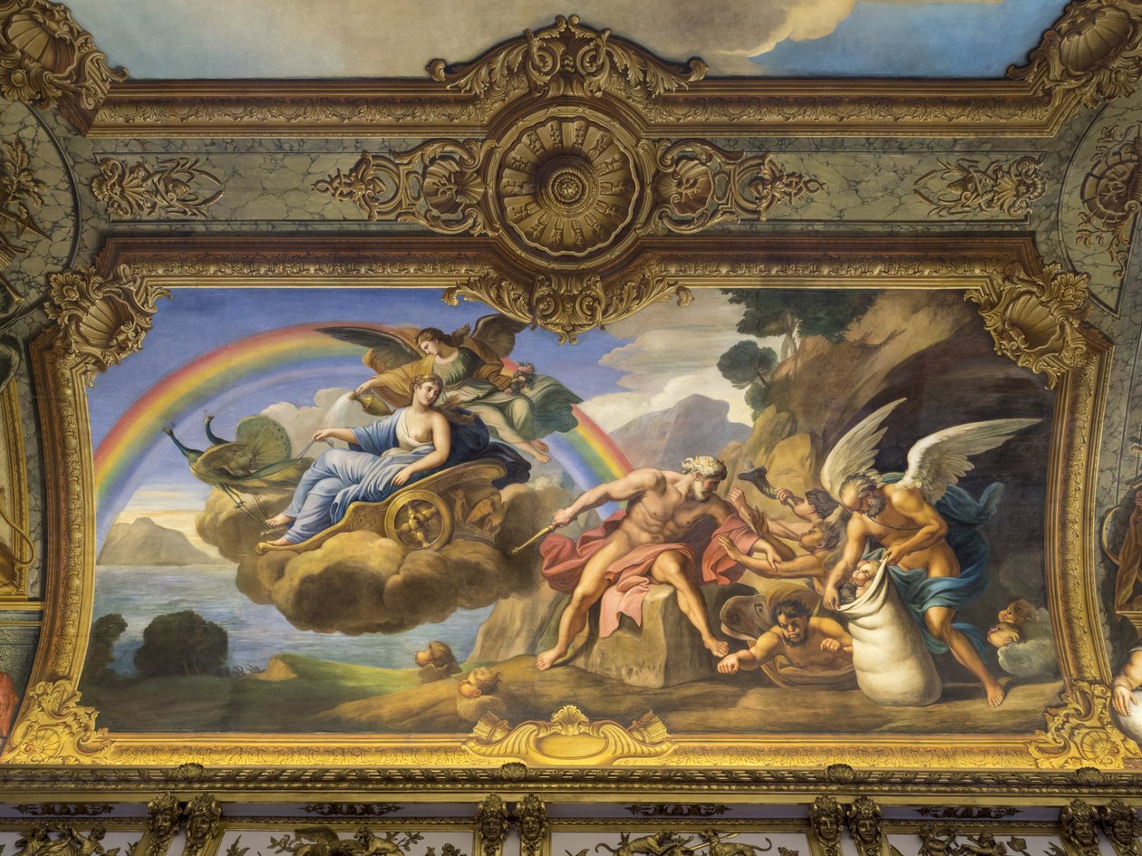 Luftallegori som representerar Aeolus och Juno. Målning av valvet i Galerie doree, av Francois Perrier (1594-1649), 1645. Banque de France. Hotel de Toulouse, före detta hotel de la Villiere, Paris - H av Unknown
