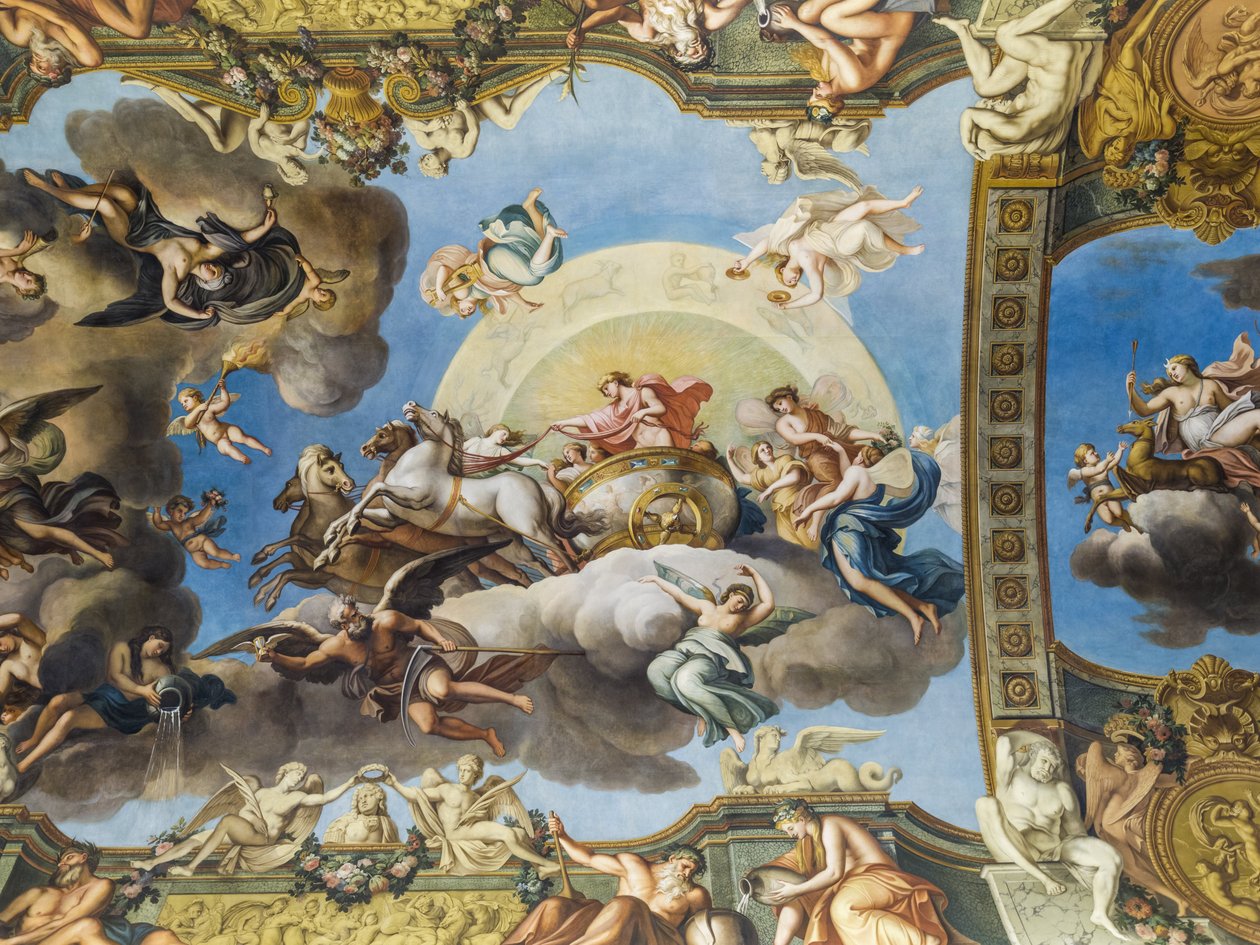 Allegori av solen. Målning av valvet i Galerie doree, av Francois Perrier (1594-1649), 1645. Banque de France. Hotel de Toulouse, före detta hotel de la Villiere, Paris - Hotel de Toulouse, hea av Unknown