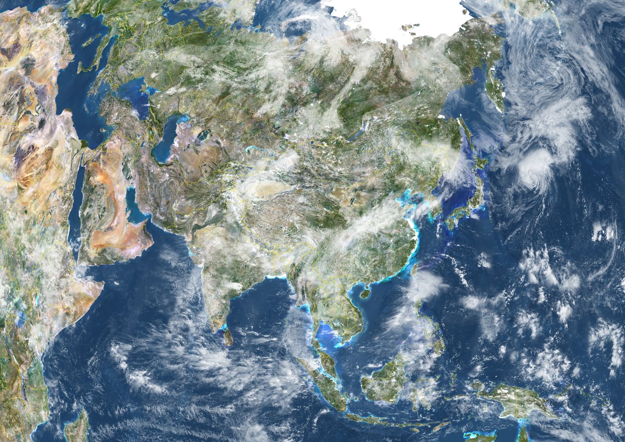 Asien Med Landsgränser Och Molntäckning, Sann Färgsatellitbild av Unknown