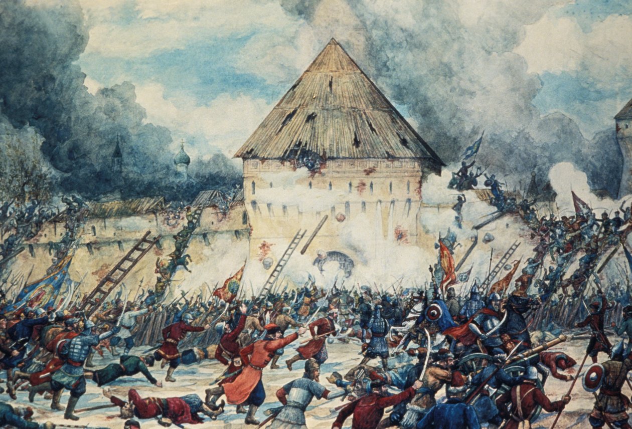 Strid med polska interventionister vid Vladimir-porten i Kitai-Gorod (China Town) i Moskva, 1612, Akvarell av G, Lissner. av Unknown