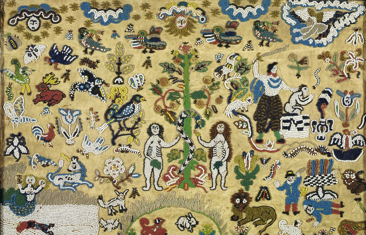 Beadwork Bild: Fall of Man; Kain och Abel; Offer av Isaac; omgiven av djur från Edens lustgård, 1600-talet. (siden broderat med färgade pärlor) av Unknown