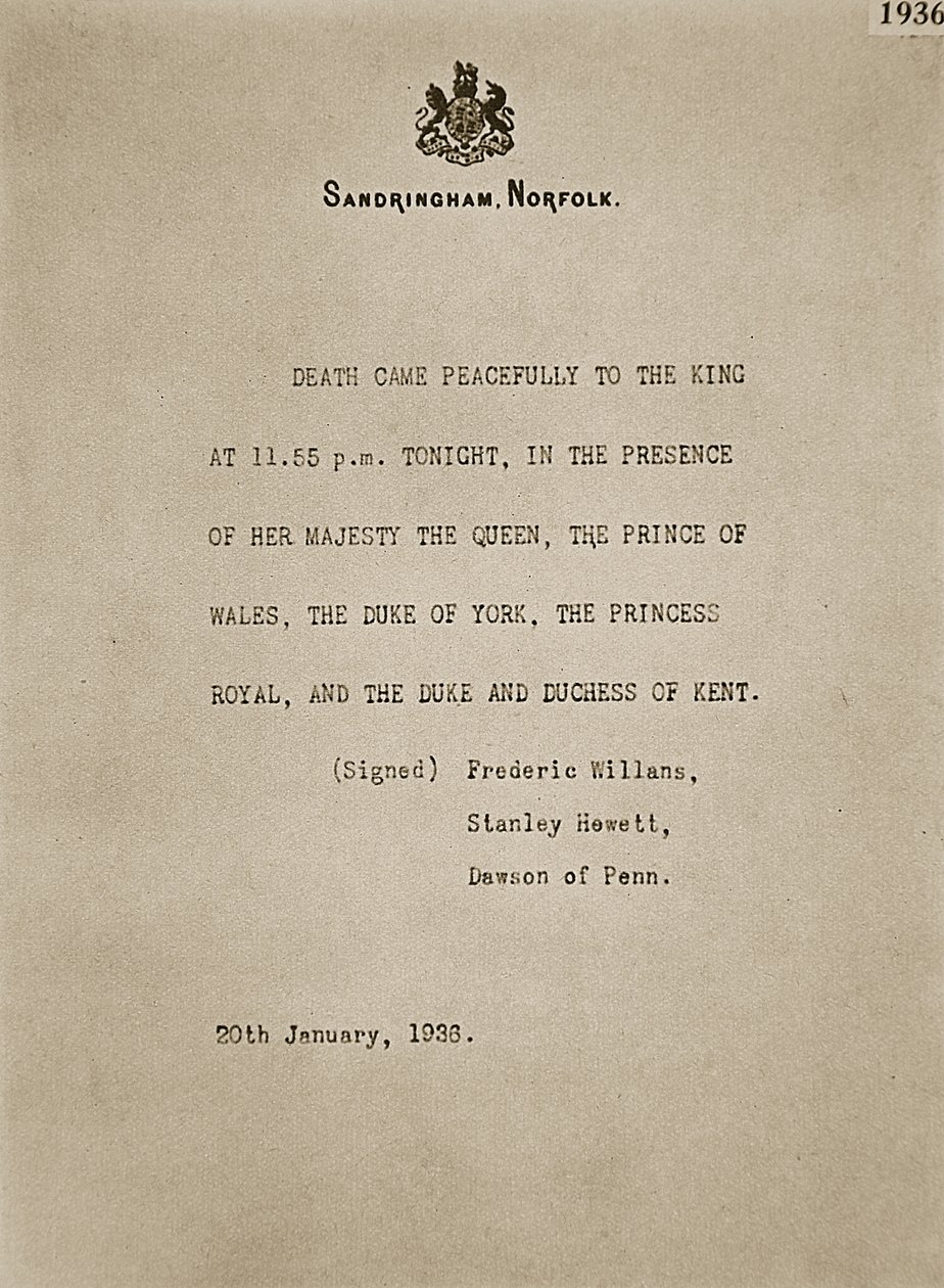 Bulletin publicerad i Sandringham efter kung George Vs död den 20 januari 1936 av Unknown