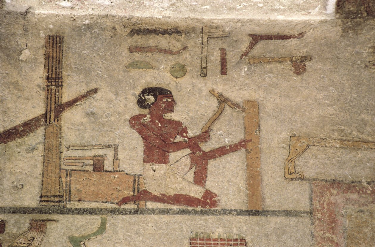 Carpenters Workshop, detalj från en gravväggmålning, egyptisk, Gamla till Mellersta kungariket (målad kalksten) av Unknown