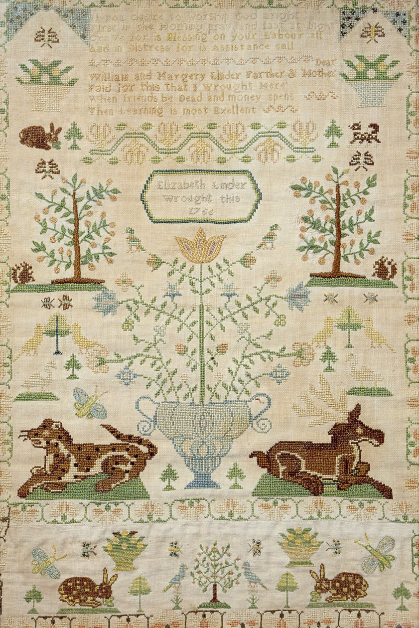 Sampuli ya kushona kwa msalaba na sala, iliyofanywa na Elizabeth Linder, 1756 (kazi ya hariri)swed av Unknown