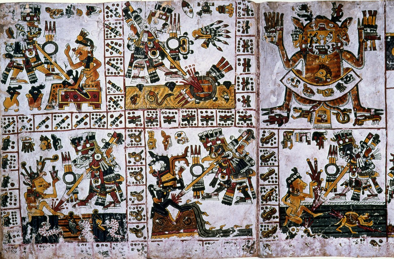 Detalj från en faksimil Kopia av en sida i Codex Borgia, detalj som visar attackerna av Tlauizcalpantecuhtli, guden Venus av Unknown