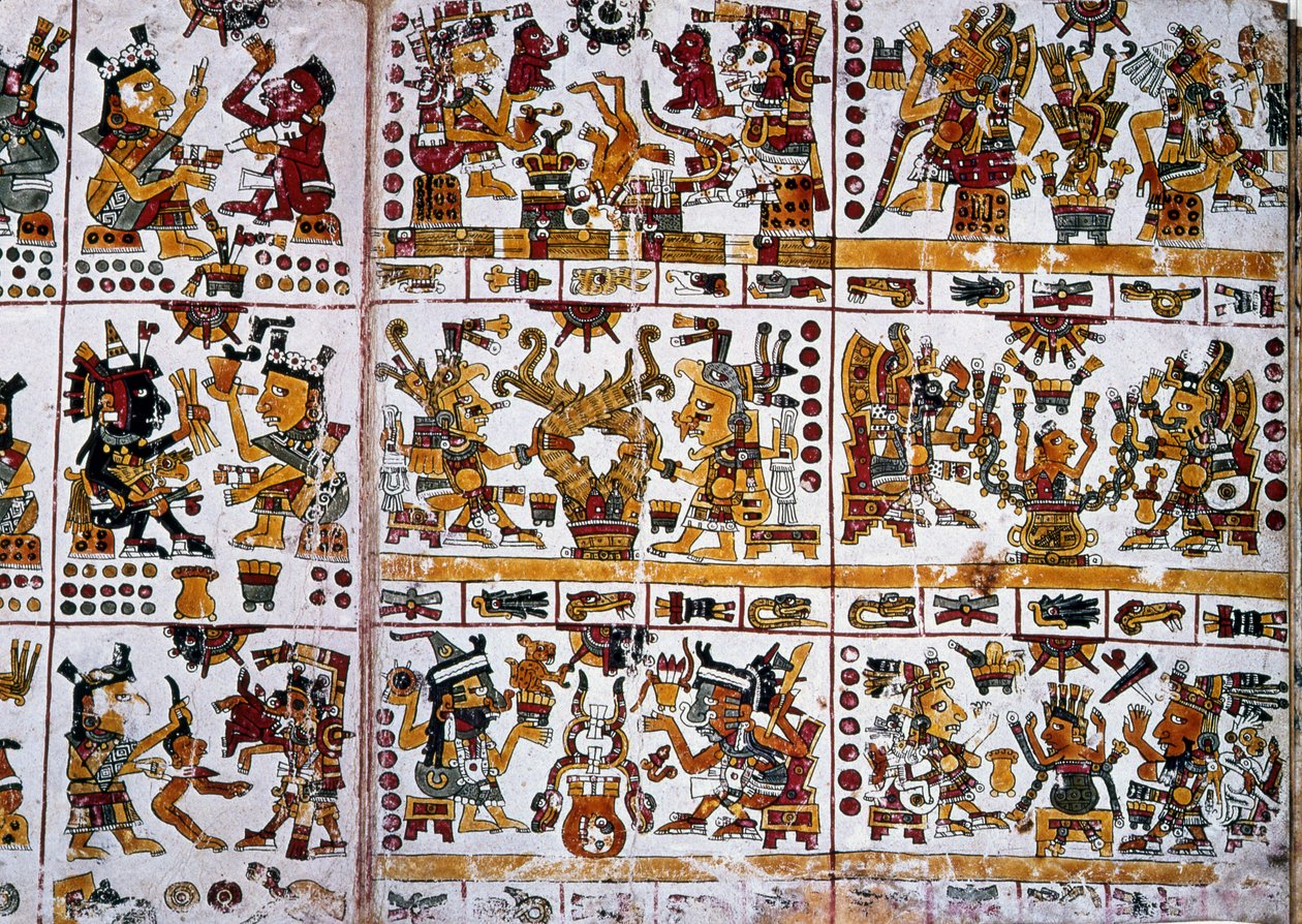 Detalj från en faksimil Kopia av en sida i Codex Borgia som visar sex par gudar som representerar spådom för par av Unknown