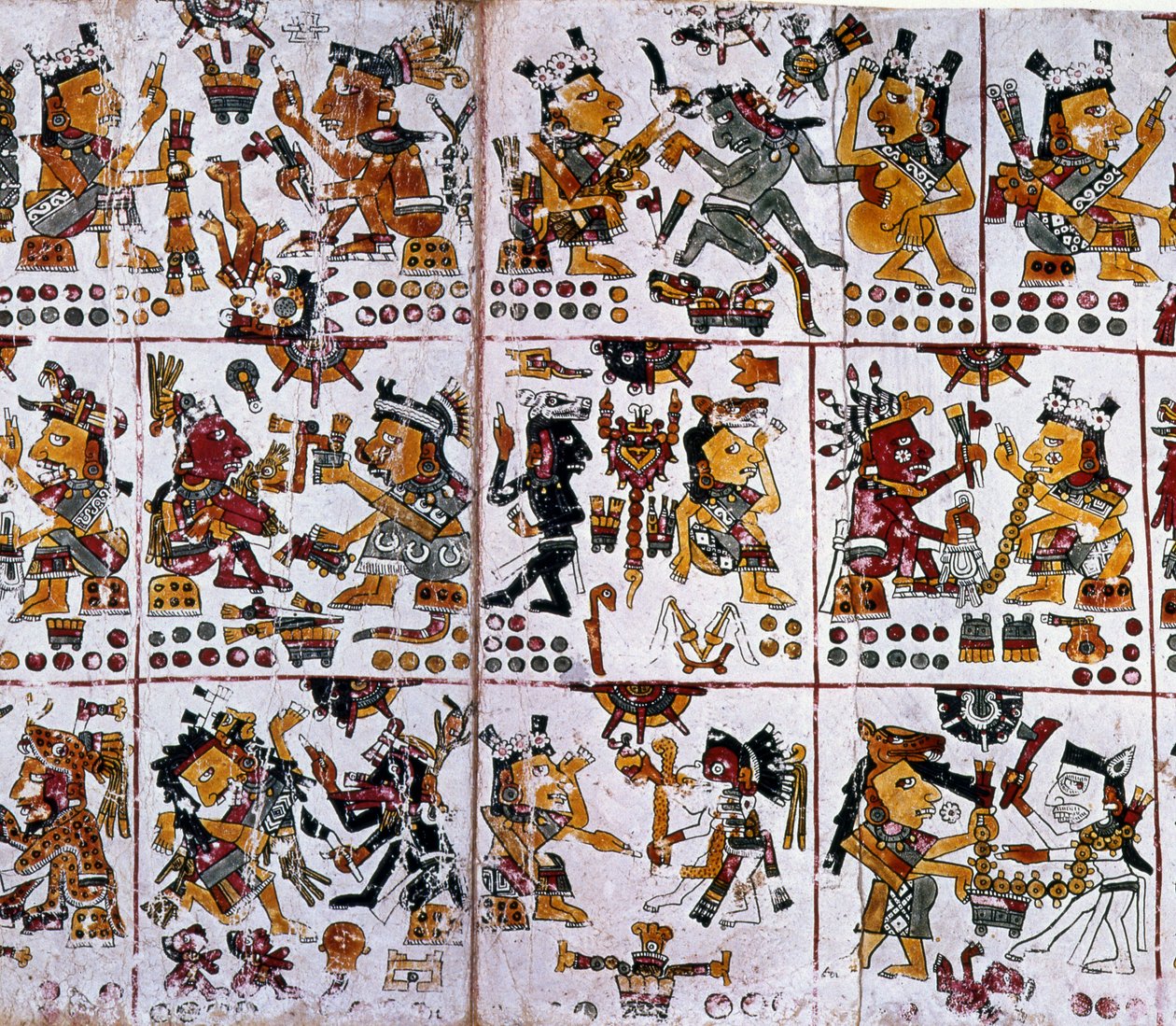 Detalj från en faksimil Kopia av en sida i Codex Borgia som visar sex par gudar som representerar spådom för par av Unknown