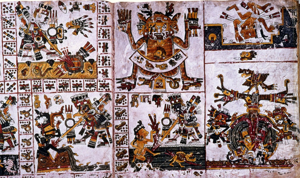 Detalj från en faksimil Kopia av en sida i Codex Borgia som visar attackerna av Tlauizcalpantecuhtli, guden Venus av Unknown