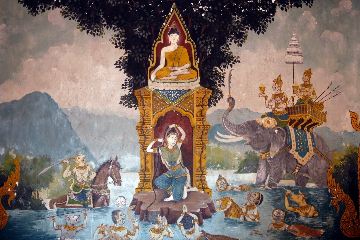 Fresk som visar en scen av Buddhas liv i Wat Phra Doi Suthep, Chiang Mai. Phra Mae Thorani vrider sitt långa hår och strömmar av vatten skapar en översvämning. Thailand av Unknown