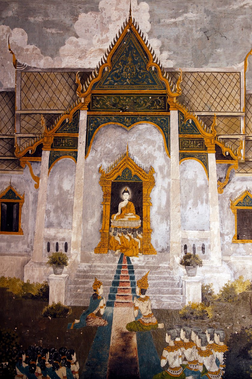 Fresk som visar en scen av Buddhas liv i Wat Phra Doi Suthep, Chiang Mai. Thailand av Unknown