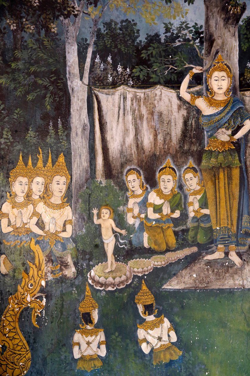 Fresk som visar en scen av Buddhas liv i Wat Phra Doi Suthep, Chiang Mai. Thailand. Buddha som barn. r av Unknown
