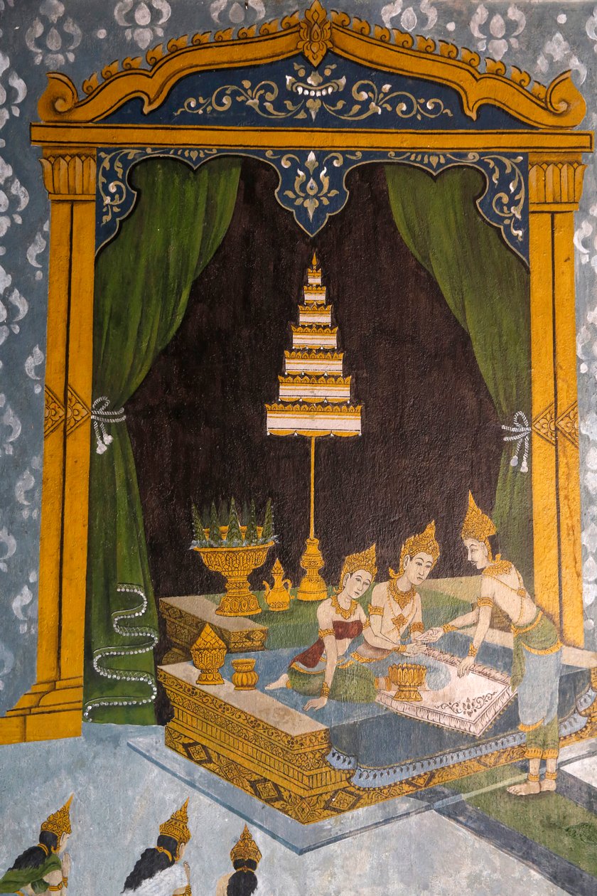 Fresk som visar en scen av Buddhas liv i Wat Phra Doi Suthep, Chiang Mai. Ung Buddha som prins. Thailand av Unknown