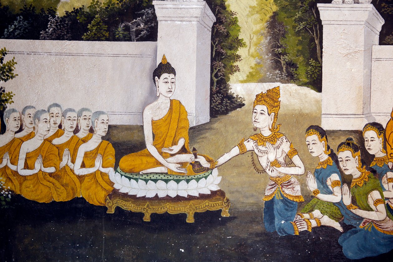 Fresk som visar en scen av Buddhas liv i Wat Phra Doi Suthep, Chiang Mai. Buddha tar emot allmosor. Thailand av Unknown