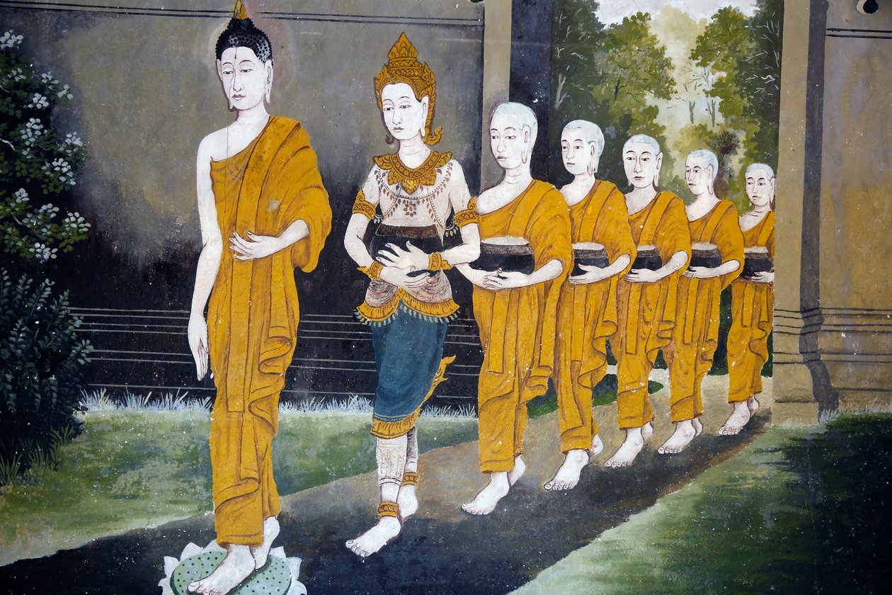 Fresk som visar en scen av Buddhas liv i Wat Phra Doi Suthep, Chiang Mai. Buddha och munkar på en almosrunda. Thailand av Unknown