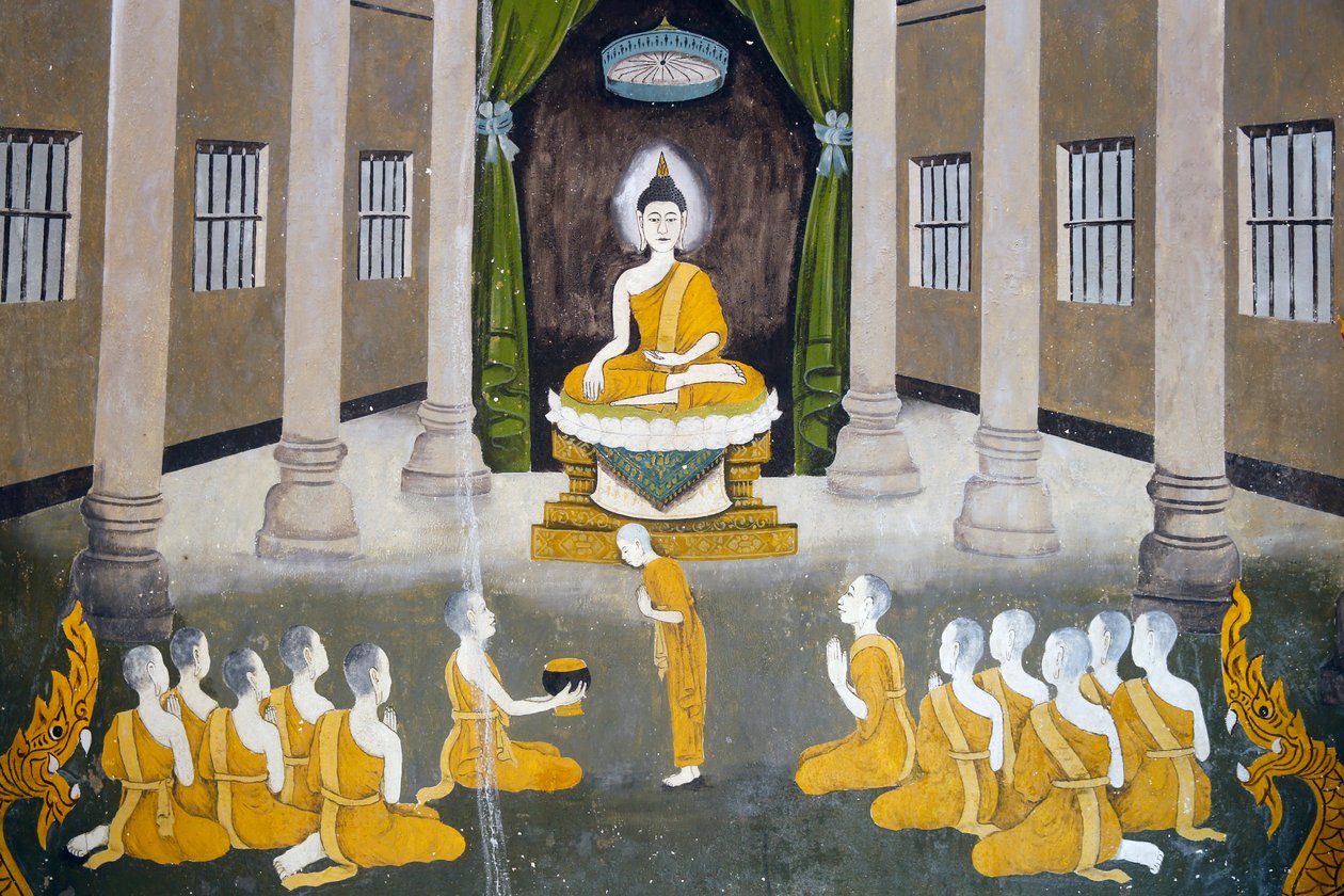 Fresk som visar en scen av Buddhas liv i Wat Phra Doi Suthep, Chiang Mai. Buddha med sin sangha. rThailand av Unknown