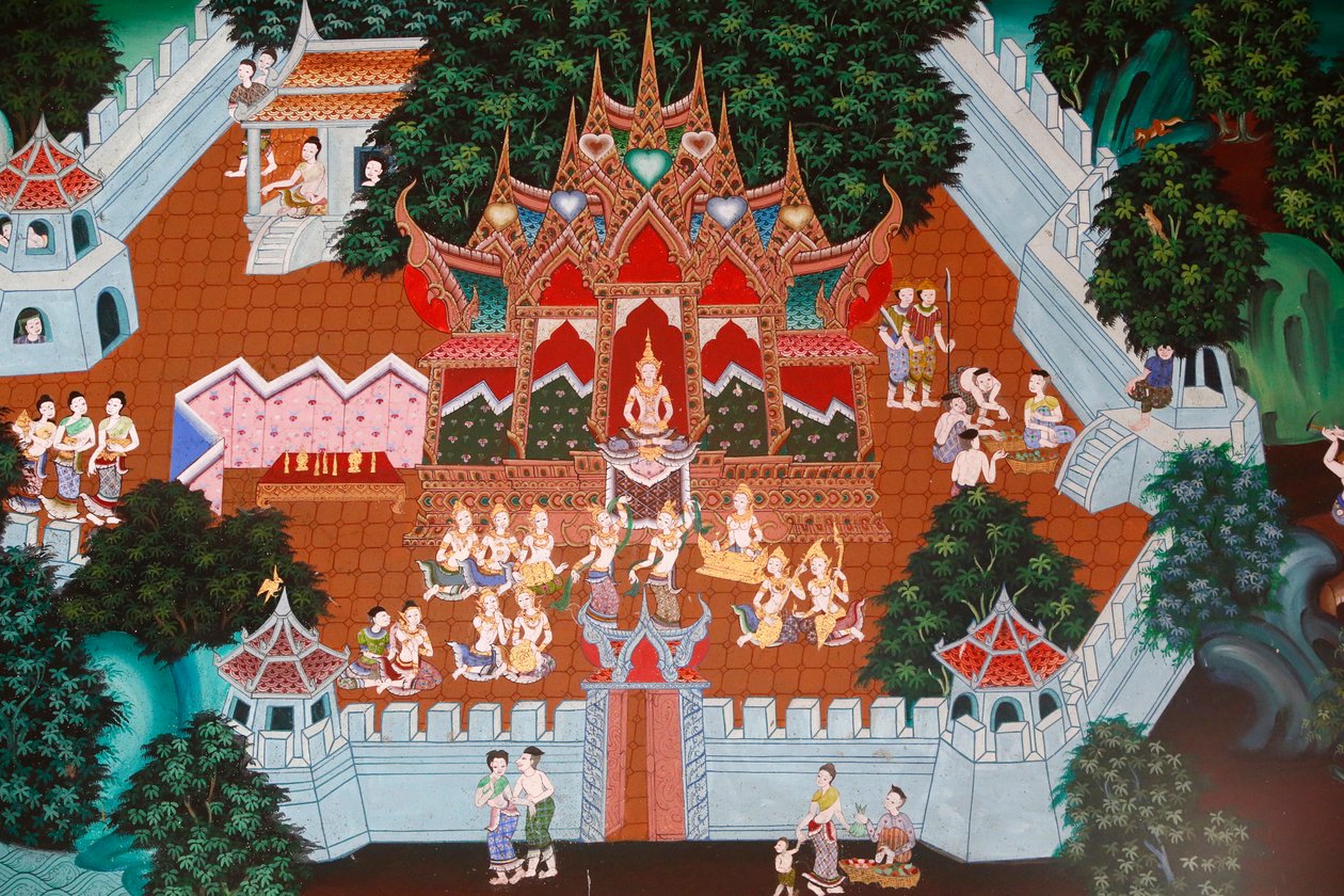 Fresco in Wat Ampharam, Hua Hin, Thailand. Temiya Jataka, also named Muga-Pakkha Jataka,one of the Buddhas former lives.  av Unknown